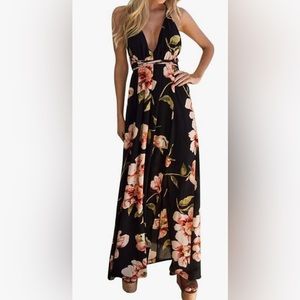 Womens Deep V Neck Backless Sleeveless Strappy Crossover Bohemian Floral Printed